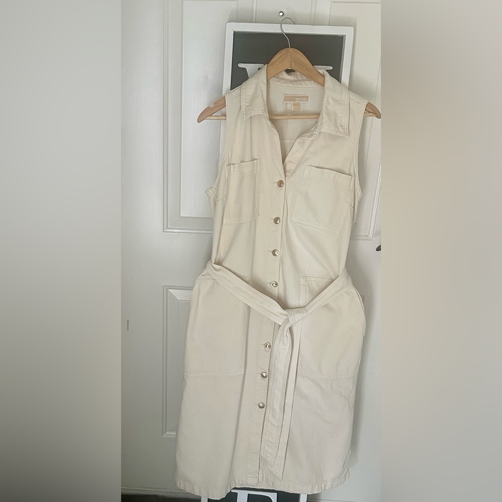 Michael Kors Sleeveless Utility Denim Shirtdress Cream/Beige Size L